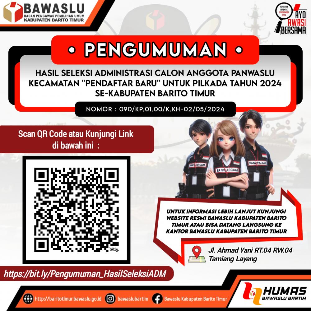 PENGUMUMAN HASIL SELEKSI ADMINISTRASI "PENDAFTAR BARU" CALON ANGGOTA PANWASCAM UNTUK PILKADA 2024 SE-KABUPATEN BARITO TIMUR